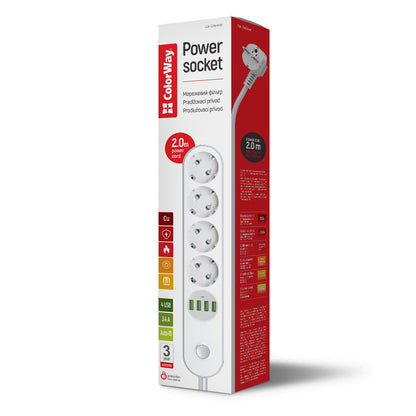 Prelungitor ColorWay, 4 x Schuko, Alb