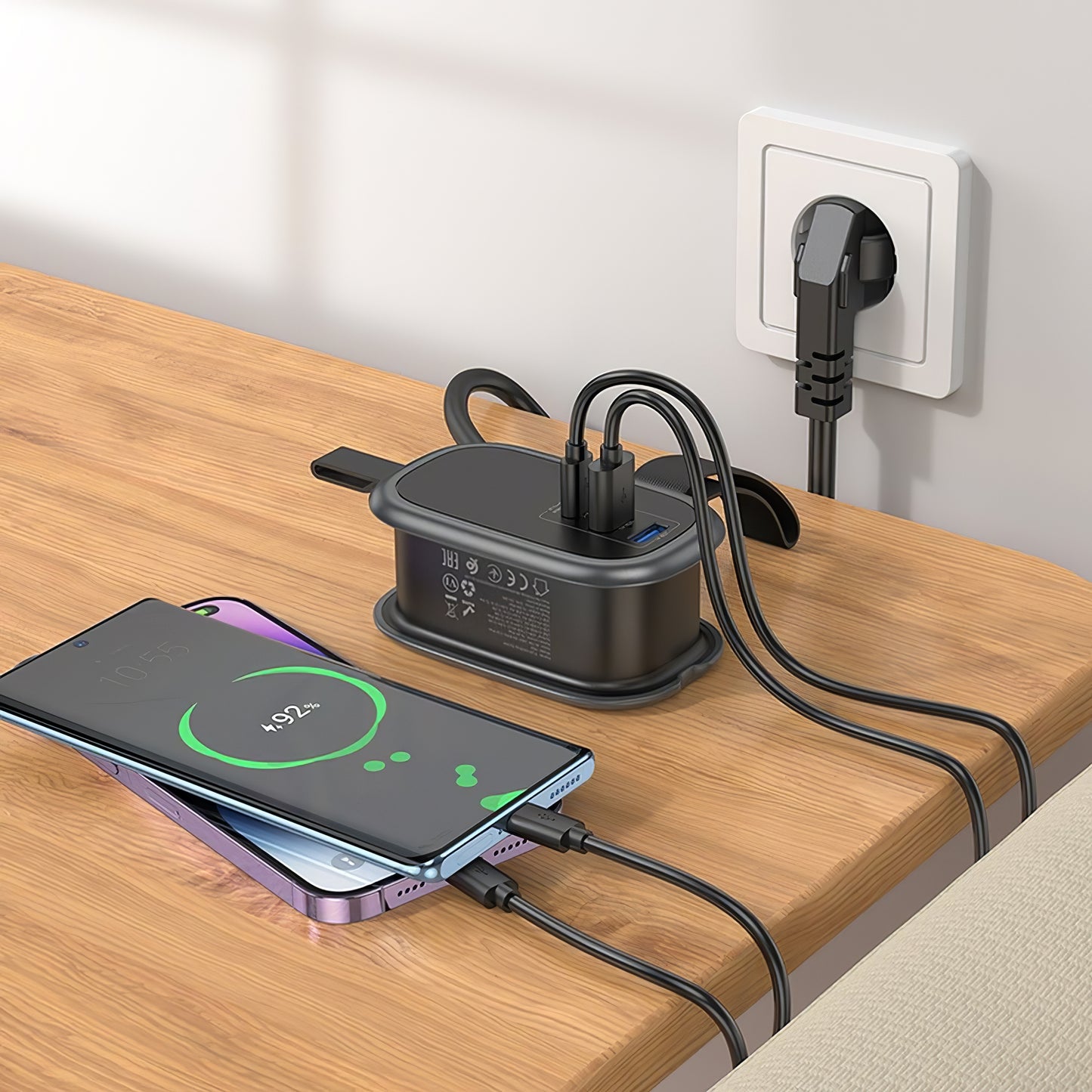 Prelungitor HOCO NS6, 1 x Schuko - 1 x USB-C - 2 x USB-A, Negru