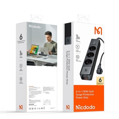Prelungitor McDodo CH-0620, 3 x Schuko - 1 x USB-A - 2 x USB-C, Negru