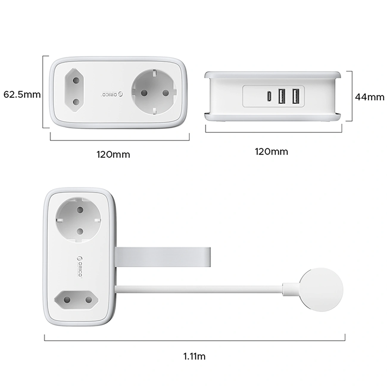 Prelungitor Orico APP, 1 x Schuko - 1 x Priza - 2 x USB-A - 1 x USB-C, Alb Gri