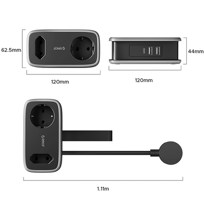 Prelungitor Orico APP, 1 x Schuko - 1 x Priza - 2 x USB-A - 1 x USB-C, Negru Gri