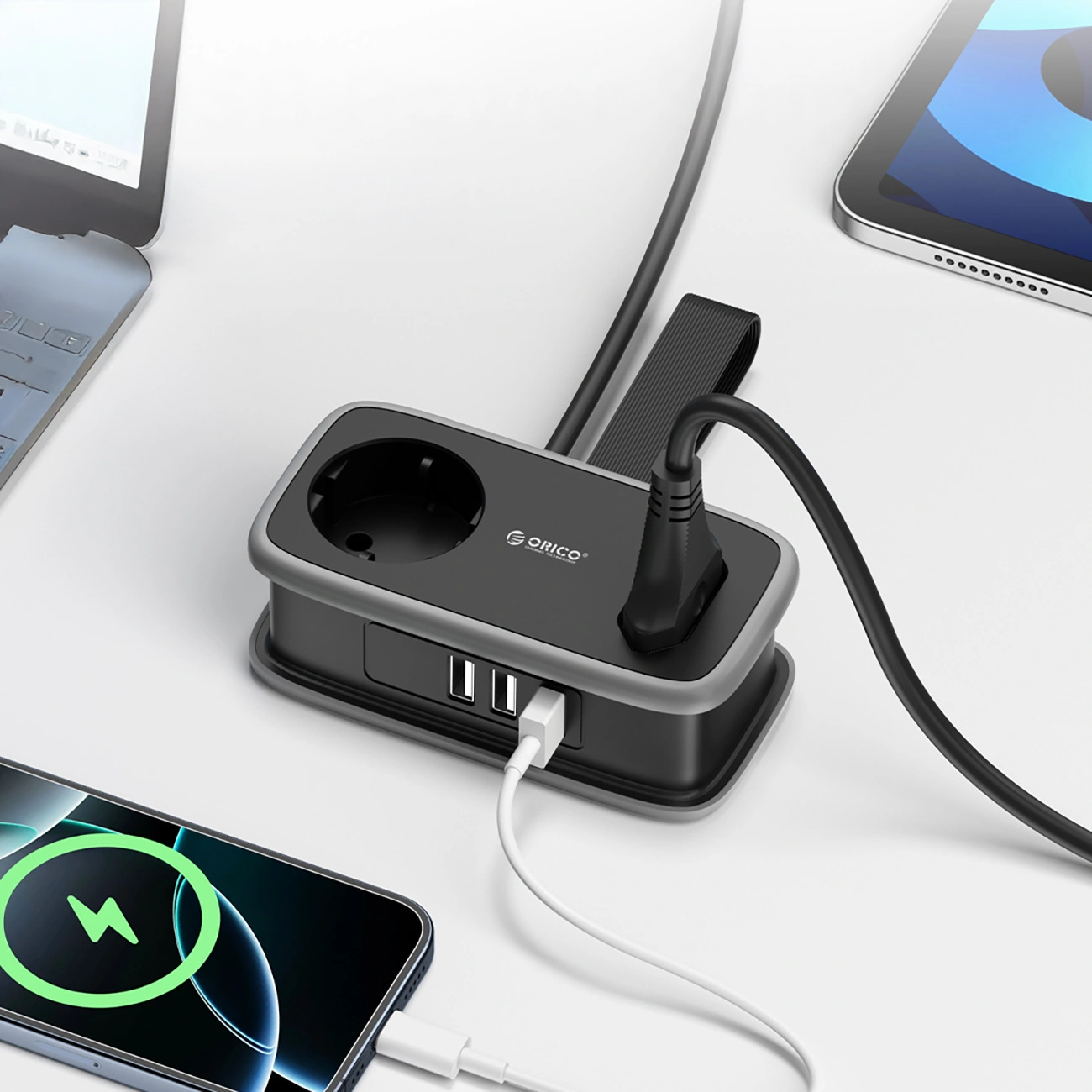 Prelungitor Orico APP, 1 x Schuko - 1 x Priza - 2 x USB-A - 1 x USB-C, Negru Gri