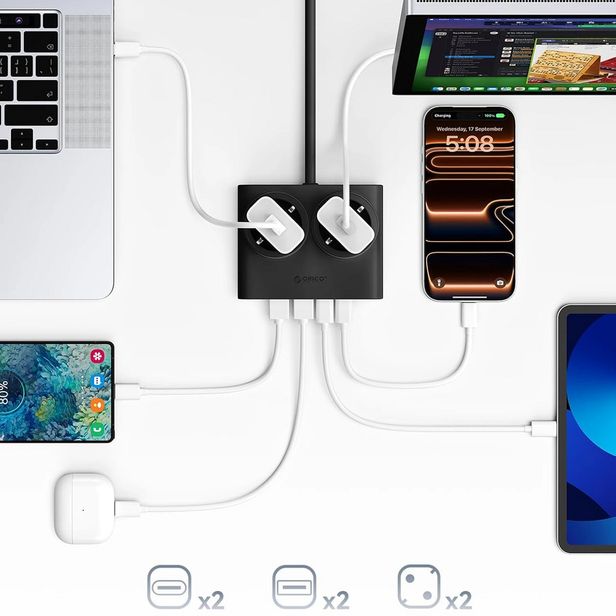 Prelungitor Orico PDC25, 2 x Schuko - 2 x USB-A - 2 x USB-C, Negru