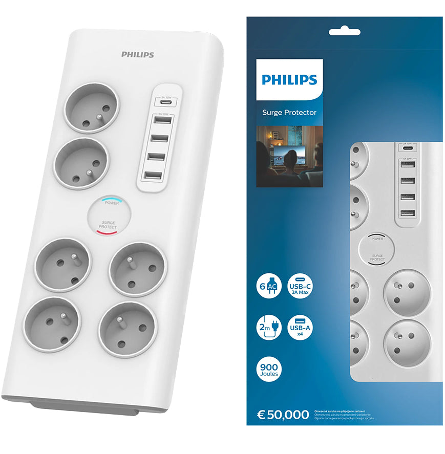 Prelungitor Philips, 1 x USB-C - 4 x USB-A - 6 x Schuko, Alb PHIL-SPN7060WA/60