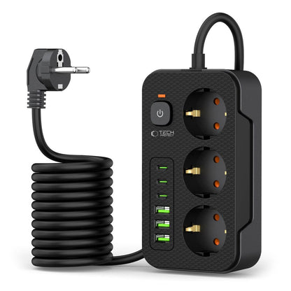 Prelungitor Tech-Protect PC3X6, 3 x Schuko, Negru