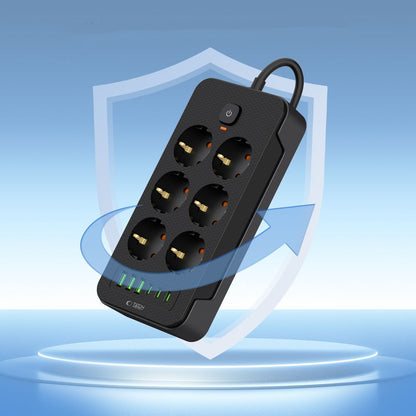 Prelungitor Tech-Protect PC6X6, 6 x Schuko - 3 x USB-A - 3 x USB-C, Negru