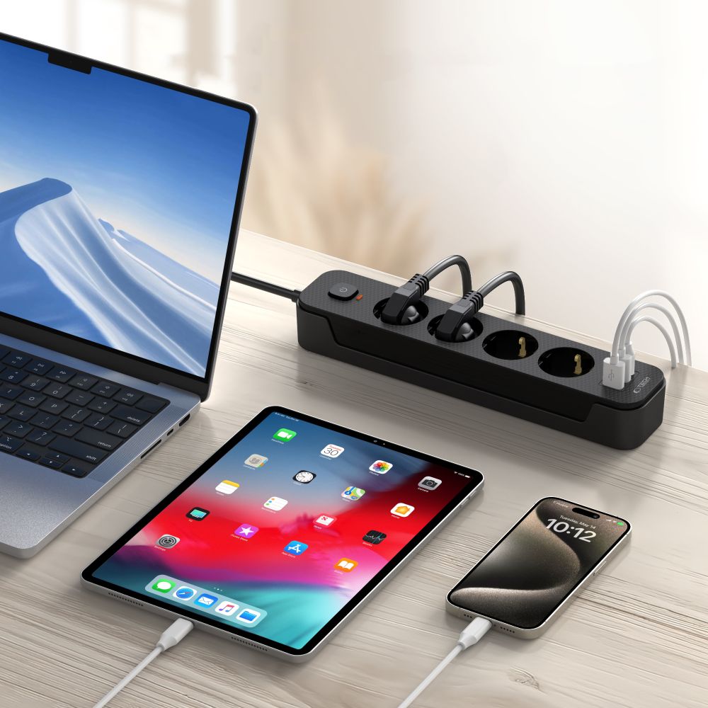 Ładowarka sieciowa Tech-Protect PCL4X3, 2 x USB-A - 1 x USB-C - 4 x Schuko, czarna 