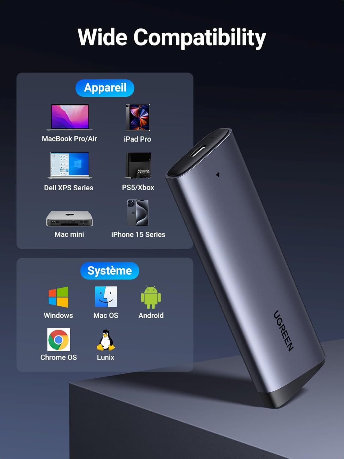 Rack UGREEN CM767 pentru SSD SATA M.2 NVMe, Gri