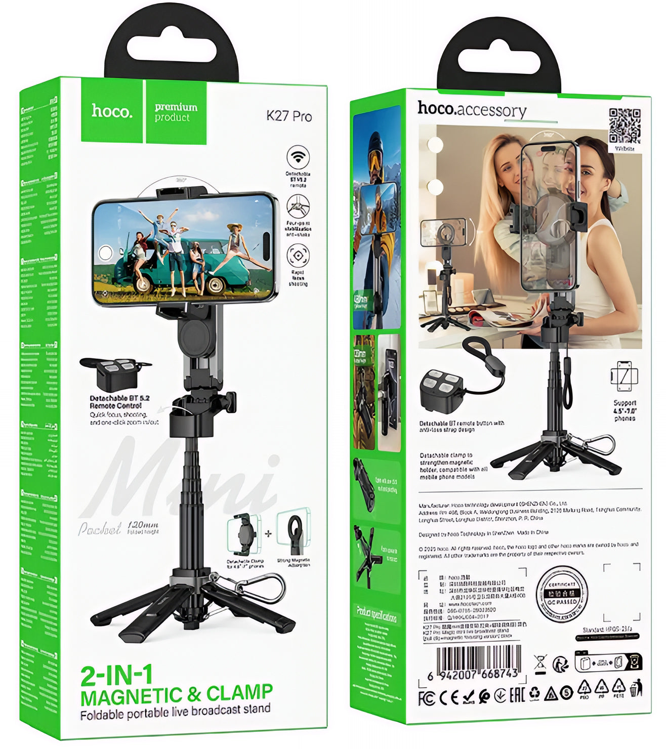 Selfie Stick Bluetooth HOCO K27 Pro, Universal, Negru