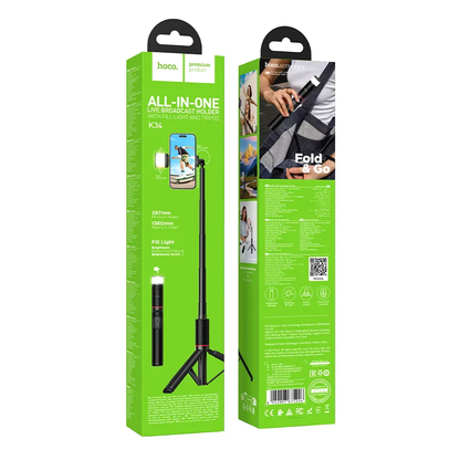 Selfie Stick Bluetooth HOCO K34, 4.5inch - 7inch, Negru
