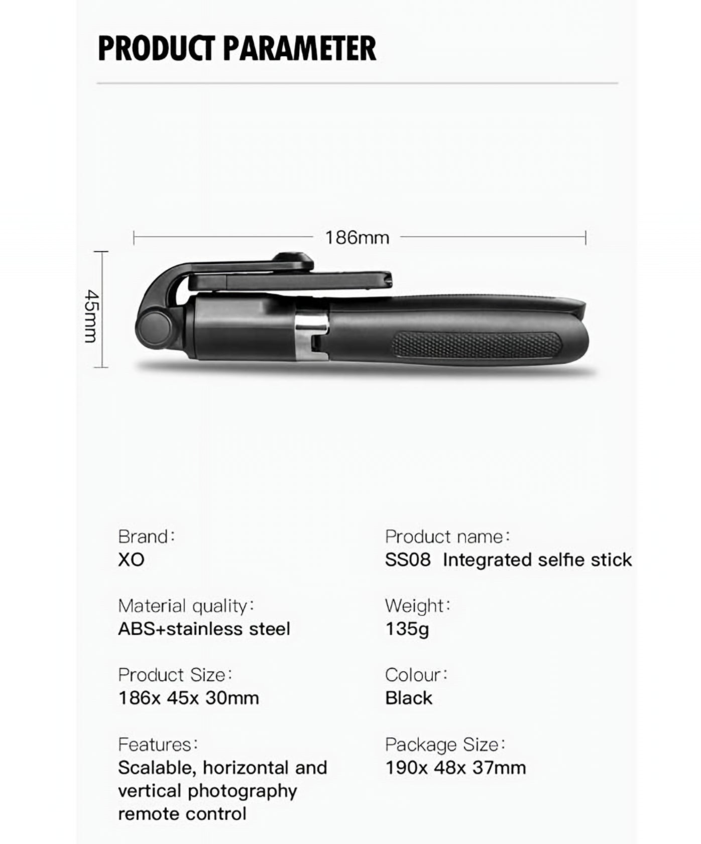 Selfie Stick Bluetooth XO Design SS08, Universal, Negru