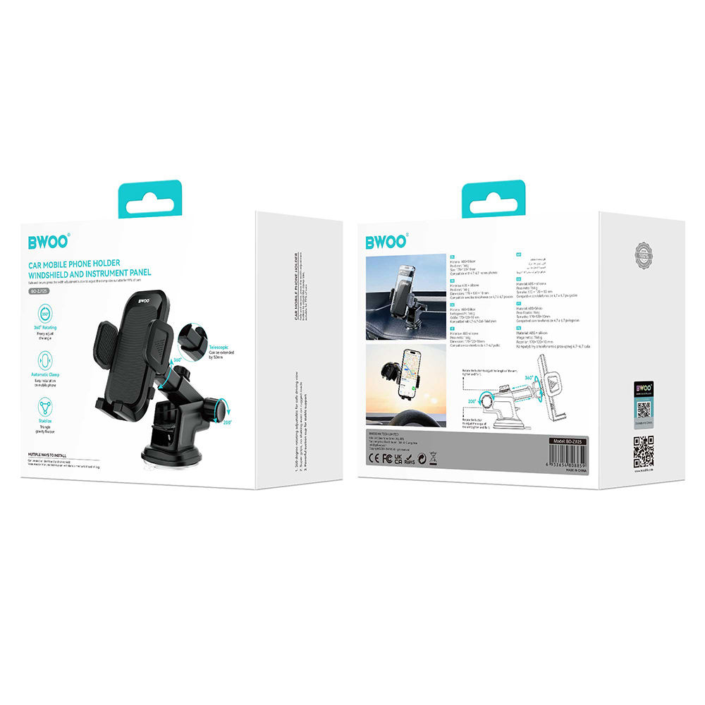 Suport Auto BWOO BO-ZJ125, 4.7inch - 6.7inch, Negru
