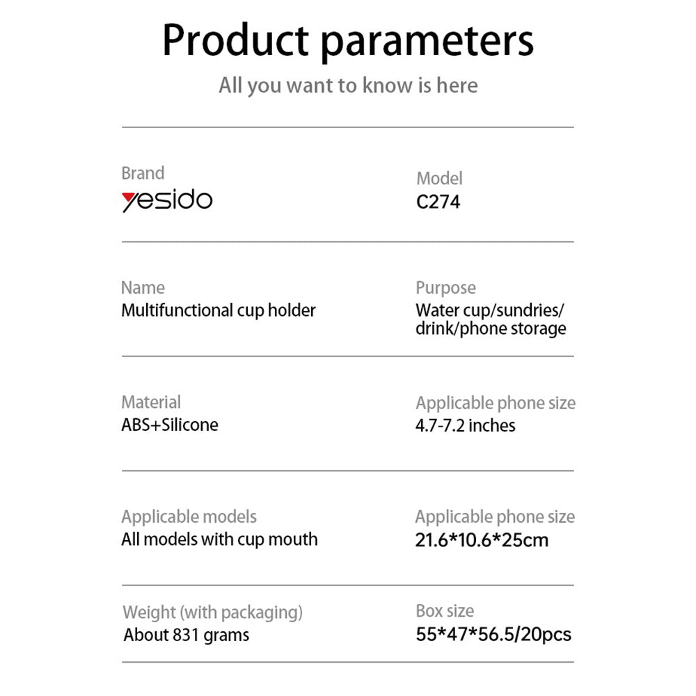 Suport Auto Yesido C274, 4.7inch - 7.2inch, Negru