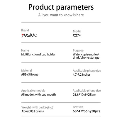 Suport Auto Yesido C274, 4.7inch - 7.2inch, Negru