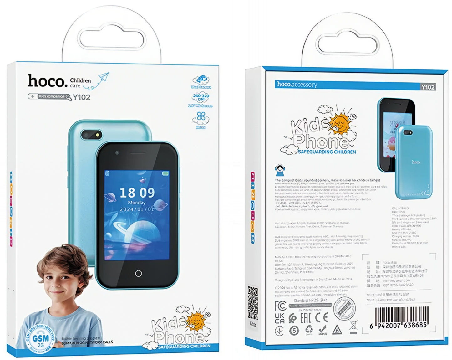 Telefon Mobil HOCO Y102 Kids, 2G, Afisaj 2.8inch, Albastru